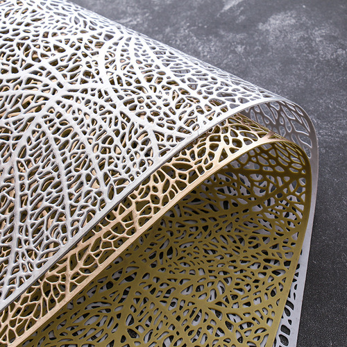 Rectangular Leaf-Shaped PVC Table Mat with Exquisite Gold Foil Embroidery, Nordic Style Dinner Table Mat, Tea Table Mat