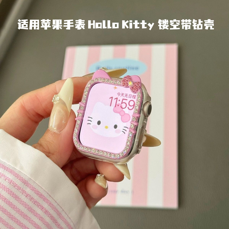 The New Diamond-Encrusted Kt Cat Watch Case Is Suitable for Apple S11 S10 Watch Case Iwatch9 Hollow Protective Case The New Diamond-Encrusted Kt Cat Watch Case Is Suitable for Apple S11 S10 Watch Case Iwatch9 Hollow Protective Case