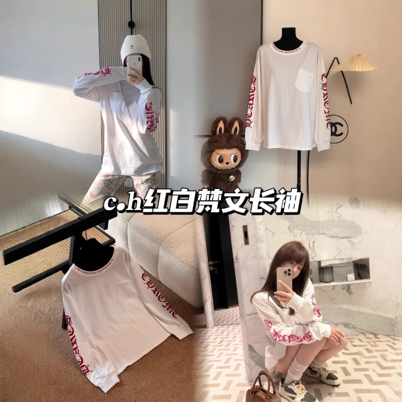 ch 限定系列红白拼色长袖女25早秋7月新款红色梵文印花宽松T恤|undefined