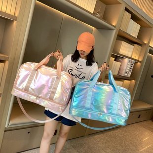 Cross-Border Large-Capacity Fitness Bag, Dry and Wet Separation, Independent Shoe Compartment, Yoga Bag, Colorful Pearlescent Luggage Bag That Can Be Used as a Trolley