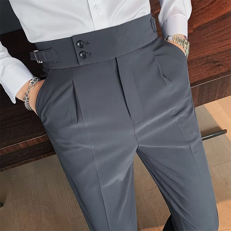 Nápoles traje pantalones de los hombres de estilo coreano slim fit pantalones ajustados otoño retro de cintura alta de negocios de color sólido pantalones casuales rectos