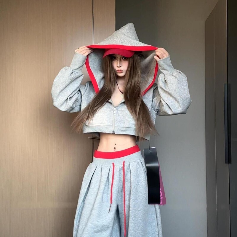 美式辣妹风高级卫衣连帽睡衣女早秋新款松弛感拼接休闲家居服套装|undefined