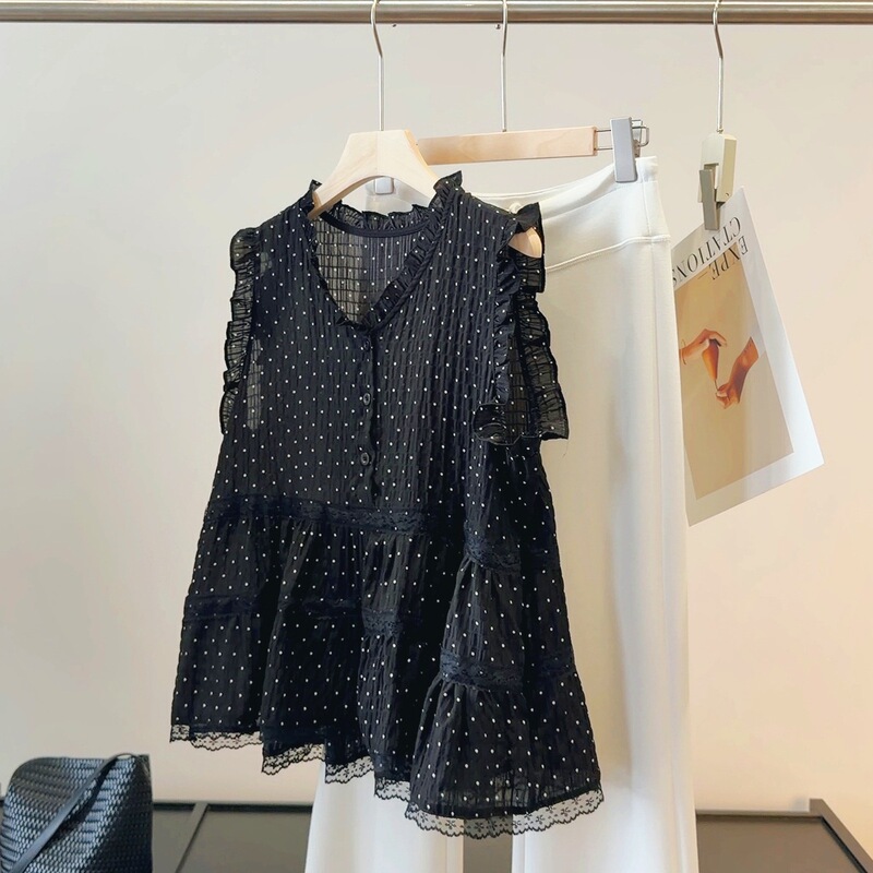 Black Polka Dot Ruffled Sleeveless Shirt for Women, New Summer Style, Slimming, Versatile, Elegant V-Neck Top Black Polka Dot Ruffled Sleeveless Shirt for Women, New Summer Style, Slimming, Versatile, Elegant V-Neck Top