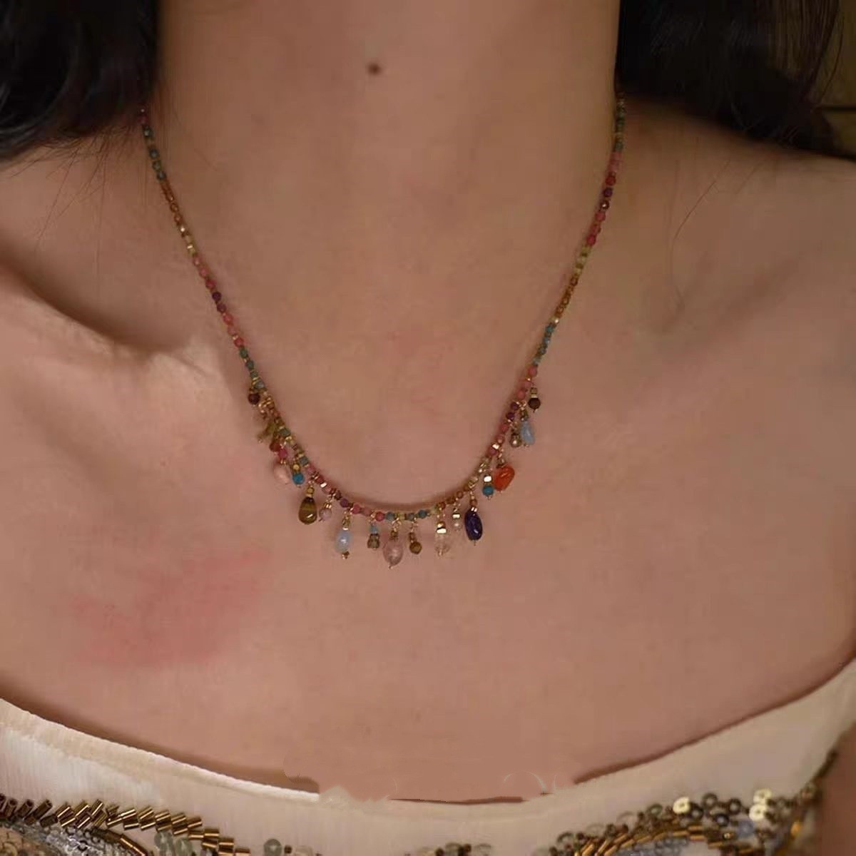 Dopamine Beaded Tassel Necklace, Summer Exquisite Versatile Bracelet, High-end Gentle Bohemian Style Collarbone Chain Accessory