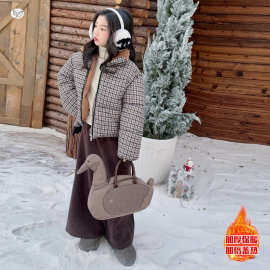 女童2025年冬季新款加厚拼接毛领千鸟格子棉衣外套韩版面包服棉袄