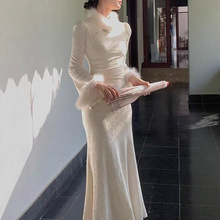 女人味毛毛领旗袍连衣裙女新款秋冬高级感复古修身包臀鱼尾长裙子