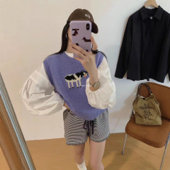 可爱奶牛刺绣软糯毛衣背心马甲女25秋季圆领减龄百搭无袖针织上衣