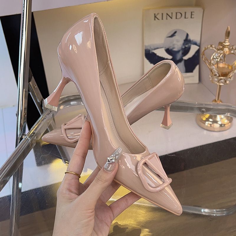 Elegant Nude Patent Leather Stiletto Casual Women's Shoes 2025 New Autumn and Spring Leg-Lengthening Shallow Pointed-Toe High Heels