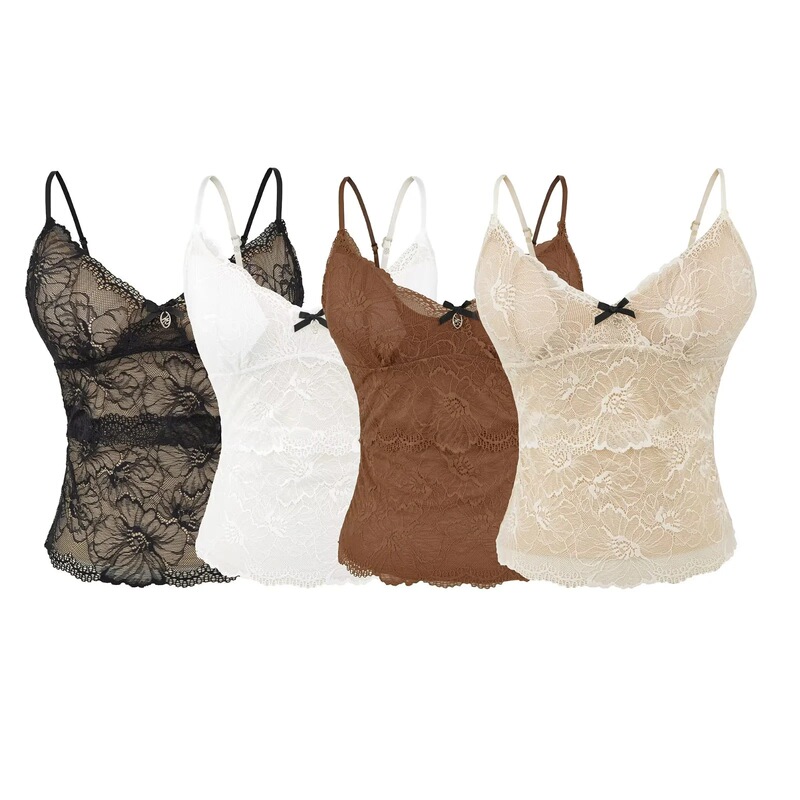 Pure Desire Style V-Neck Bow-Decorated Double-Layer Lace Camisole Hot Girl Sexy Short Top with Chest Pads and Mesh Pure Desire Style V-Neck Bow-Decorated Double-Layer Lace Camisole Hot Girl Sexy Short Top with Chest Pads and Mesh