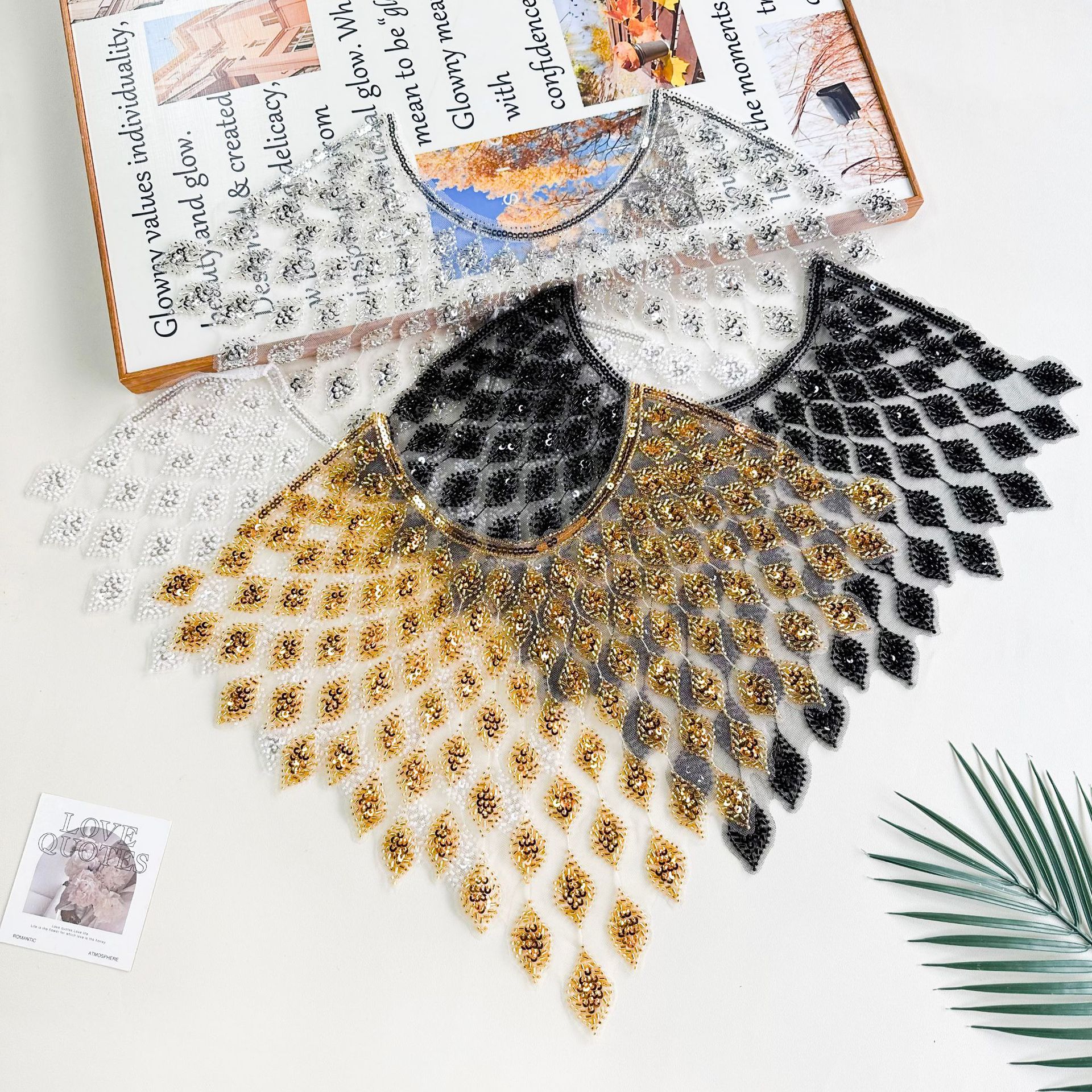 Cuello de encaje hecho a mano de perlas transfronterizas bordado hilo de red DIY accesorios de ropa decoración de vestido de noche cuello de encaje