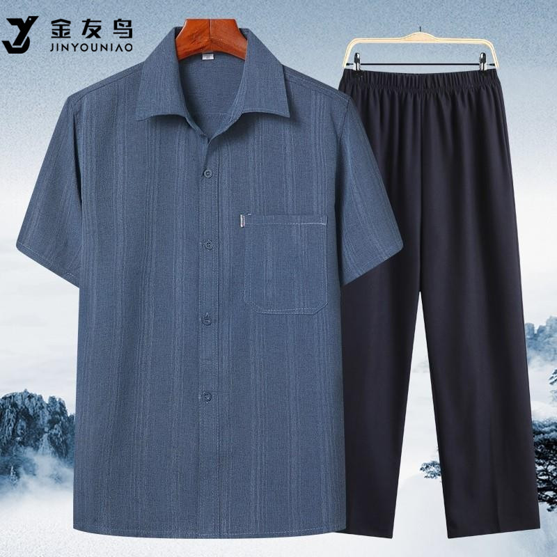 Summer short-sleeved shirt men's clothing for the elderly two-piece suit pants father shirt grandpa clothes 60 years old 70