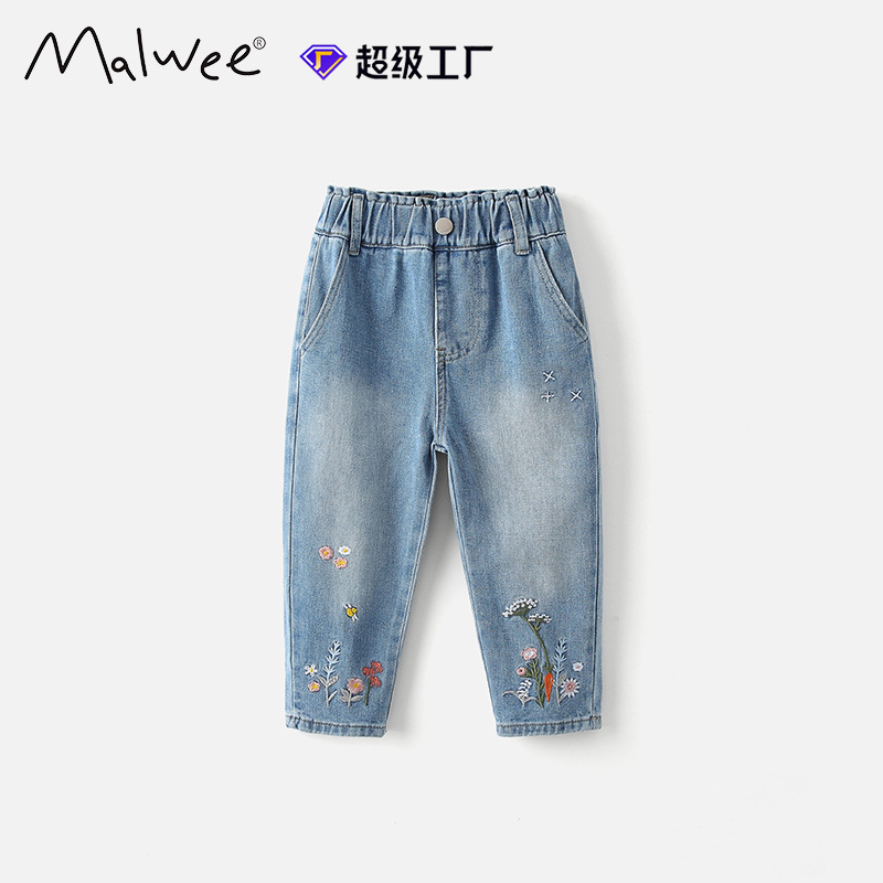 Malwee transfronterizo vaqueros de niñas otoño y invierno nuevos pantalones de cintura elástica para niños europeos y estadounidenses ropa de niños