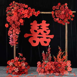 红色系花材婚礼路引花排成品红色婚庆舞台路引背景地排装饰假花