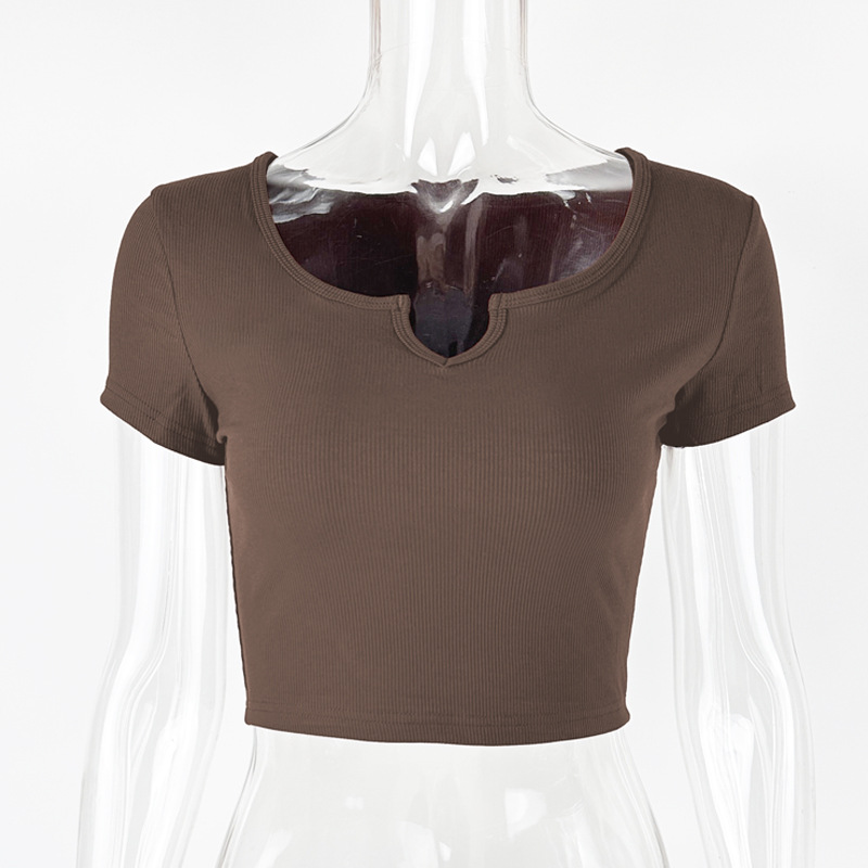 Camiseta de Verano 2025, Estilo Europeo y Americano, Nueva, para Mujer, de Algodón Puro, Acanalada, Ajustada, Corta, con Cuello en V, Manga Corta image 11