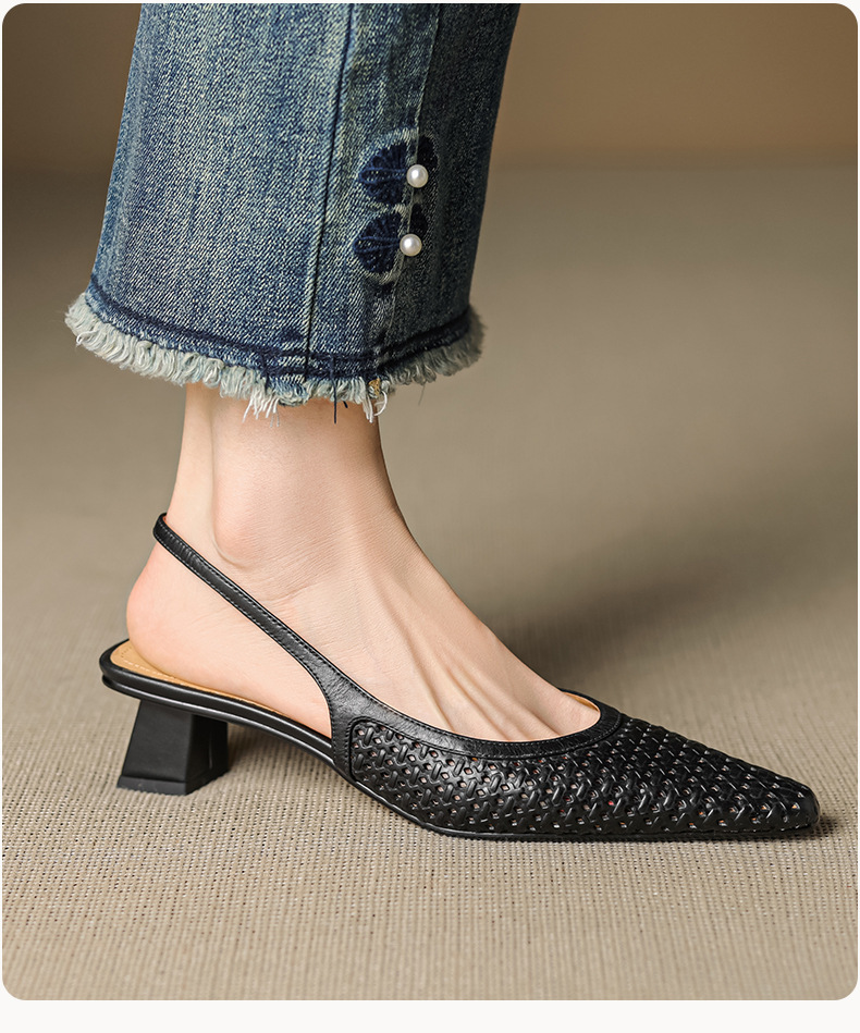 Sandal nữ da bò dệt mũi kín gót thô cao 6 cm phong cách công sở — đen chi tiết 18