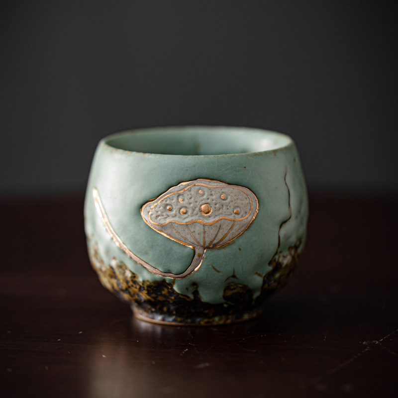 다크 그린 로터스 컵 (큰 그림을 먼저 보는 것이 좋습니다) 로터스 페인팅 골드