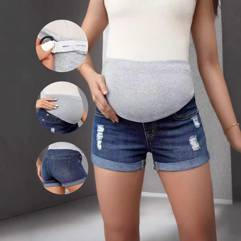 Cross-Border Amazon Hot-Selling Maternity Ripped Denim Shorts, Belly Support Pants, Mid-Waist Elastic Casual Slimming Export Goods