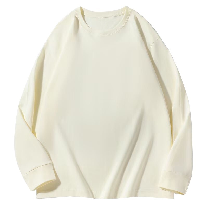 2025 100% Pure Cotton Pure Color Spring and Autum Loose and Versatile Couple Trendyy Round Neck Pullover Casual Top Long Sleeves