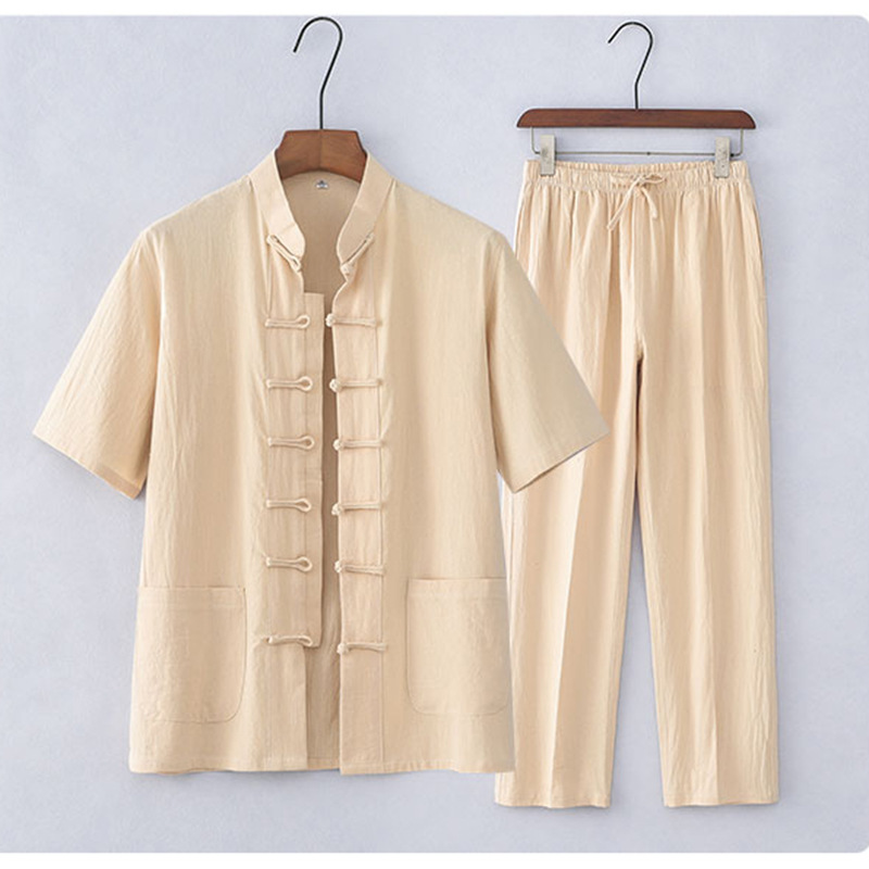 Traje Tang de estilo chino Traje de manga corta de algodón y lino para hombres de mediana edad y ancianos Traje Hanfu casual para hombres retro Traje delgado de verano