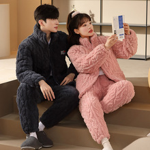情侣睡衣秋冬季三层夹棉珊瑚绒加厚加绒保暖法兰绒家居服代发工厂