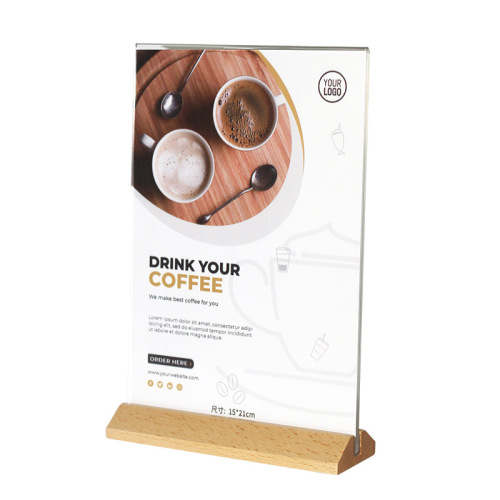 Acrylic table card transparent display card a4 solid wood base vertical table card advertising price meal card beech table sign