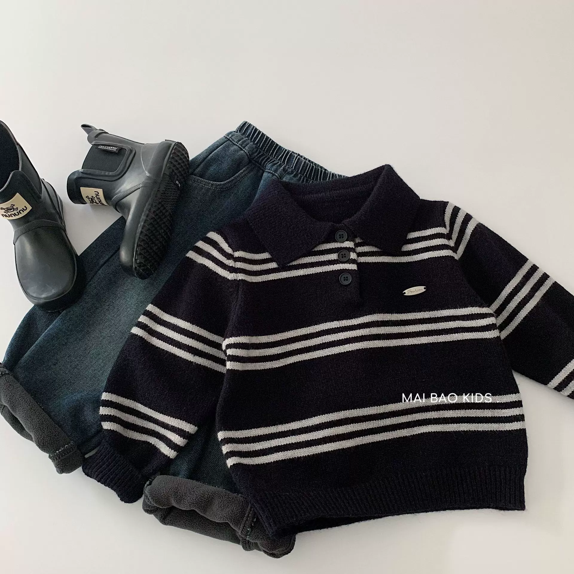 麦宝男童毛衣2025冬季新品韩版儿童条纹Polo领针织衫男孩冬装上衣