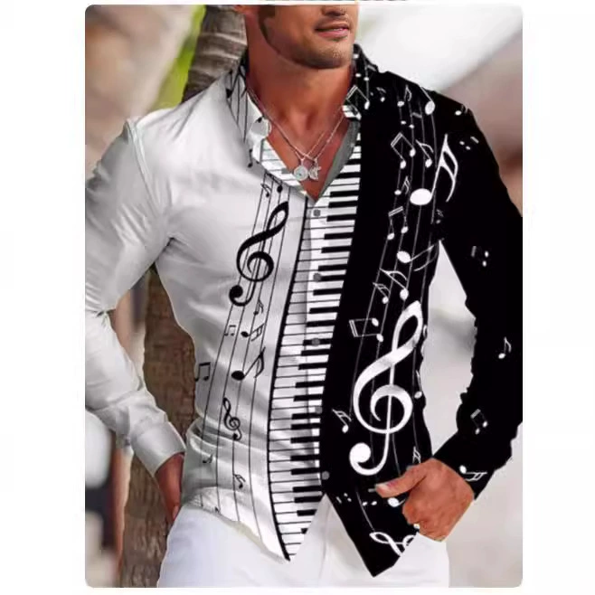 Внешняя торговля ноты и полоски 3D цифровая рубашка с принтом мужская весна и осень с длинными рукавами