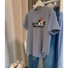 韓范潮金正肩磨毛丸首半袖tシャツ女性純綿上着ins感ファッション