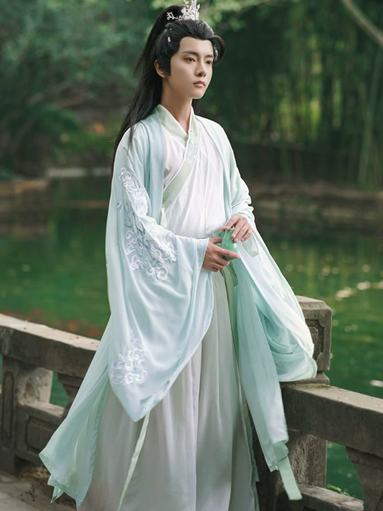 Оригинальный Hanfu мужской костюм 2025 новый стиль Wei и Jin кросс-шея талия-длиной большой рукав рубашка свежий и элегантный сказочный костюм древний мужской