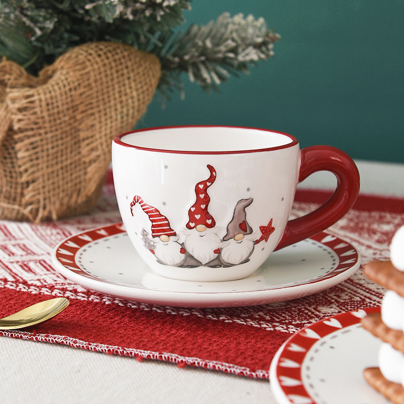 Tazas y platos de cerámica de Papá Noel nórdico, tazas y platos de café occidentales, tazas y platos de té de la tarde, tazas y platos en relieve