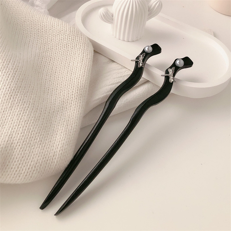 Perla de libélula de alta calidad simple pinza de cabello de mujer antiguo madera de madera negra bola de cabello y pinza de cabello de corte de cabello