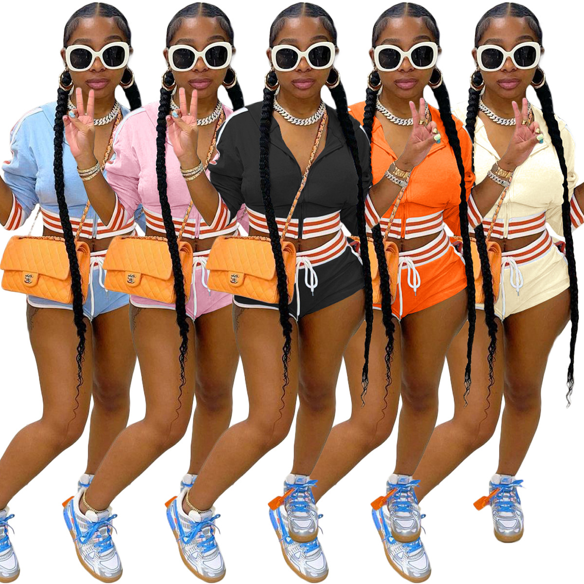 CH8215 European and American cross-border women's clothing fashion stitching striped hooded long top + sexy shorts sports suit