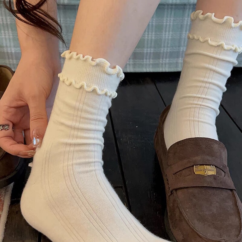 "Downhill from Notting Hill" women's mid-calf socks with lace trim, autumn style, ruffled design, ballet-inspired, solid color, long cotton socks, white "Downhill from Notting Hill" women's mid-calf socks with lace trim, autumn style, ruffled design, ballet-inspired, solid color, long cotton socks, white