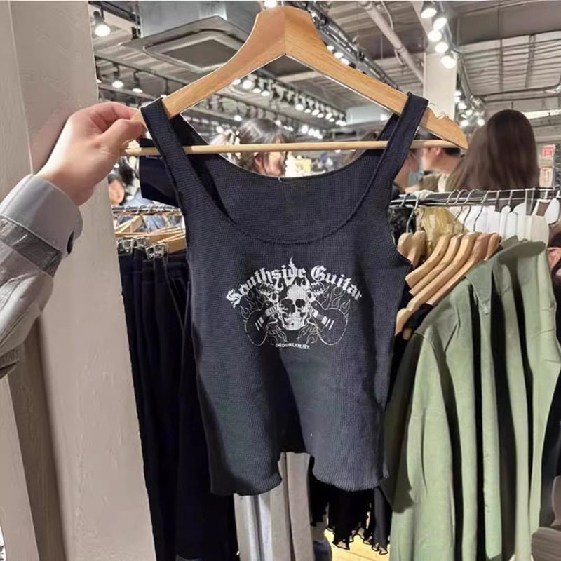 BM Wind Flat for Black Rock Skull Printed Waffle Vest Sling Women's Bm Spice Girls Interior U-Shaped Top