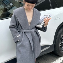 高端大翻领双面羊毛大衣 中长款宽松系带加厚保暖羊绒外套女