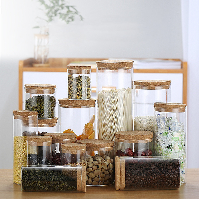 Hogar vidrio café té sellado tarro corcho cubierta azúcar tarro almacenamiento tarro granos almacenamiento tarro