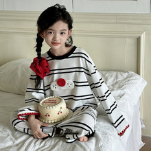 女童长袖条纹睡裙春秋款中大童休闲宽松纯棉睡衣儿童连体裤家居服