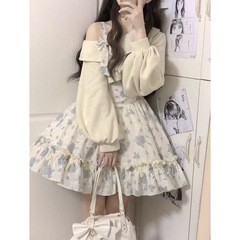 洛丽塔连衣裙秋冬新款学院风碎花吊带裙甜美露肩蓬蓬蛋糕裙少女