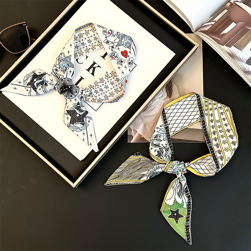 Bufanda de seda, tira delgada y larga, sentido de alta gama, nuevo bolso de la marca del tarot de la constelación, pañuelo para el cabello, cinturón para el cabello, cinturón para la cintura