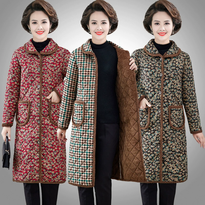 Женская зимняя куртка среднего и пожилого возраста, новая куртка с хлопковой подкладкой на флисовой подкладке, Повседневная Длинная Куртка с хлопковой подкладкой, теплое пальто для матери в этническом стиле