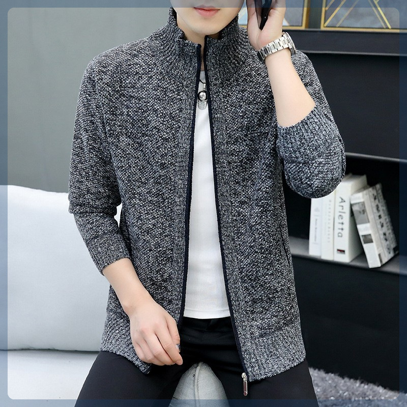 Autumn and Winter New Youth Coarse Sweater Cardigan fleece-lined Thickened Knitted Baseball Collar Jacket Men's plus size Cardigan Jacket