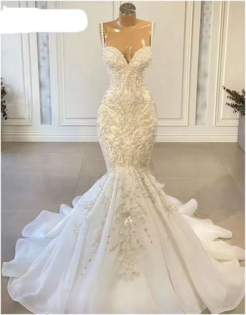Women's Clothing Elegant Mermaid Wedding Dress With Beaded Lace, Strapless Corset Tie-Up Bridal Gown For Summer_voghion.com