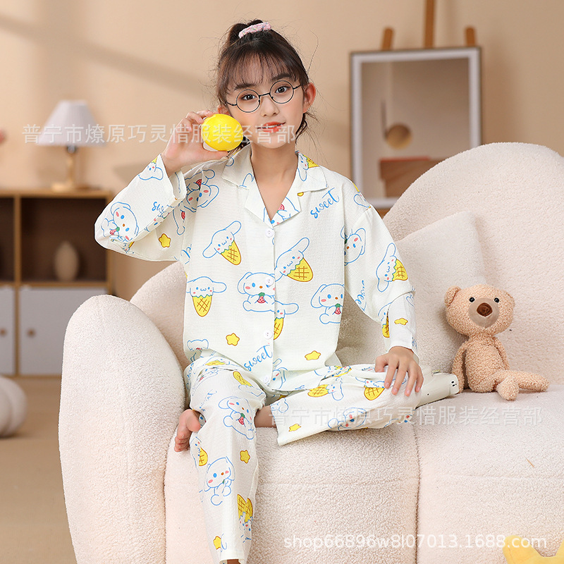 Pijama de niñas primavera y otoño dibujos animados tela espuma de tela delgada manga larga lindo ropa para niños de tamaño medio y grande ropa para el hogar
