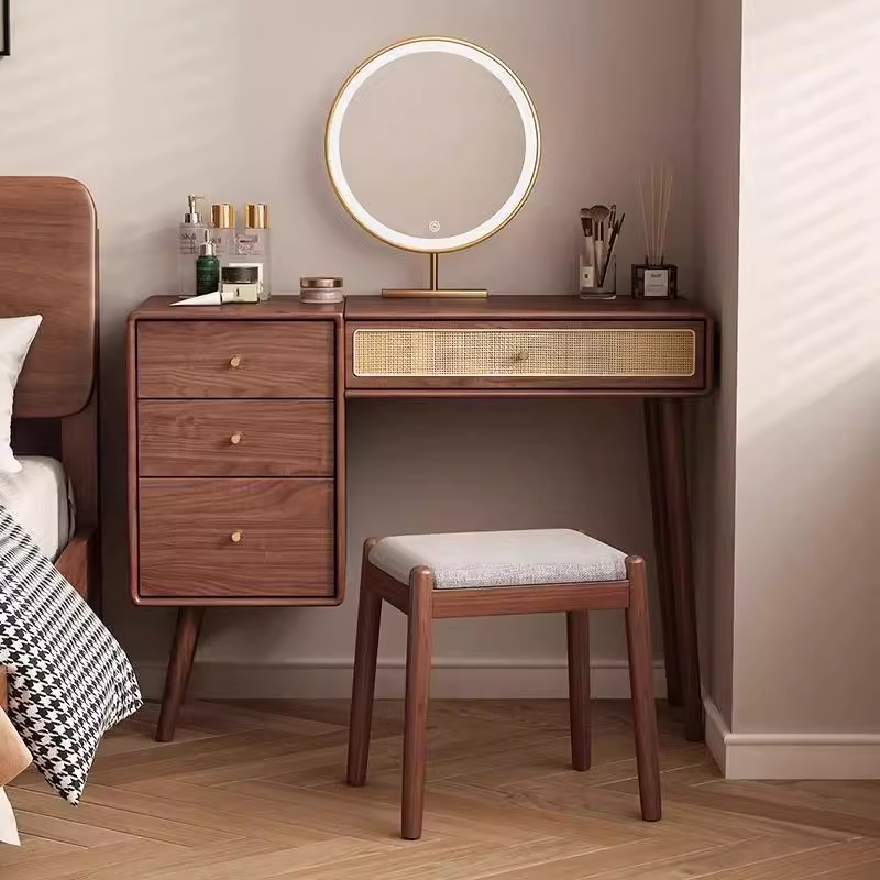 Solid Wood Dressing Table and Cupboard Integrated Bedroom Mid-Century Style Rattan Storage Dressing Table Walnut Color Small Apartment Dressing Table