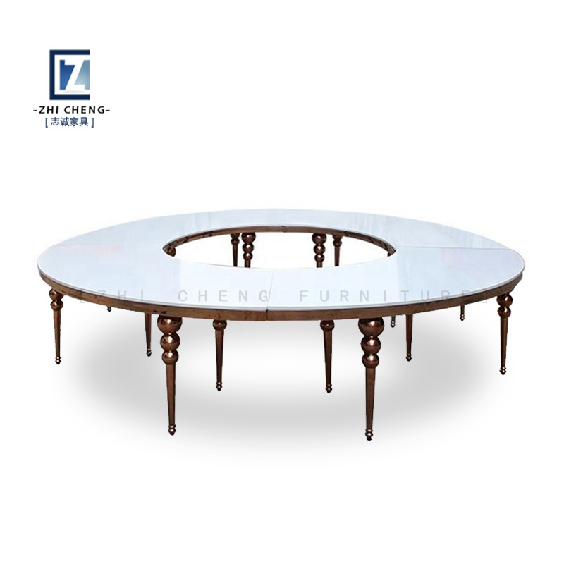 Mesa de boda para exteriores con tablero ovalado de vidrio dorado y acero inoxidable, mesa de comedor combinada para alquiler de banquetes integrada