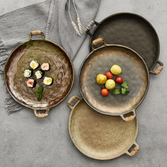 Rough clay dinner plate for home Japanese tableware fruit tray fish plate creative two-ear plate ceramic retro tableware plate