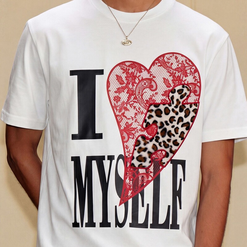 Leopard Print Lace Heart Print Love Yourself Couple Sweet American Retro Niche Versatile Short-Sleeve T-Shirt for Men and Women