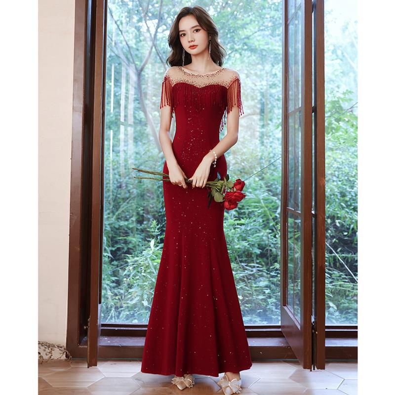 Vestido de novia color burdeos para primavera, para novias de talla pequeña, vestido de compromiso transfronterizo, vestido de noche para mujer.