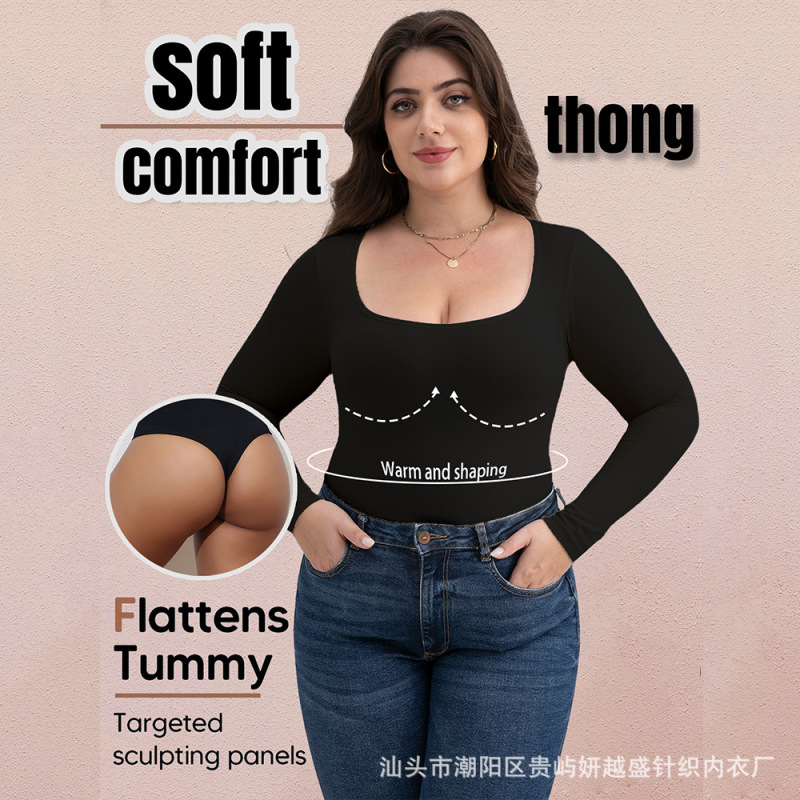 Women's Solid Color Round Neck Long Sleeve Casual Jumpsuit, Stretchy Slim-Fit Base Layer, Butt-Lifting and Tummy-Tucking One-Piece Thong Bodysuit
