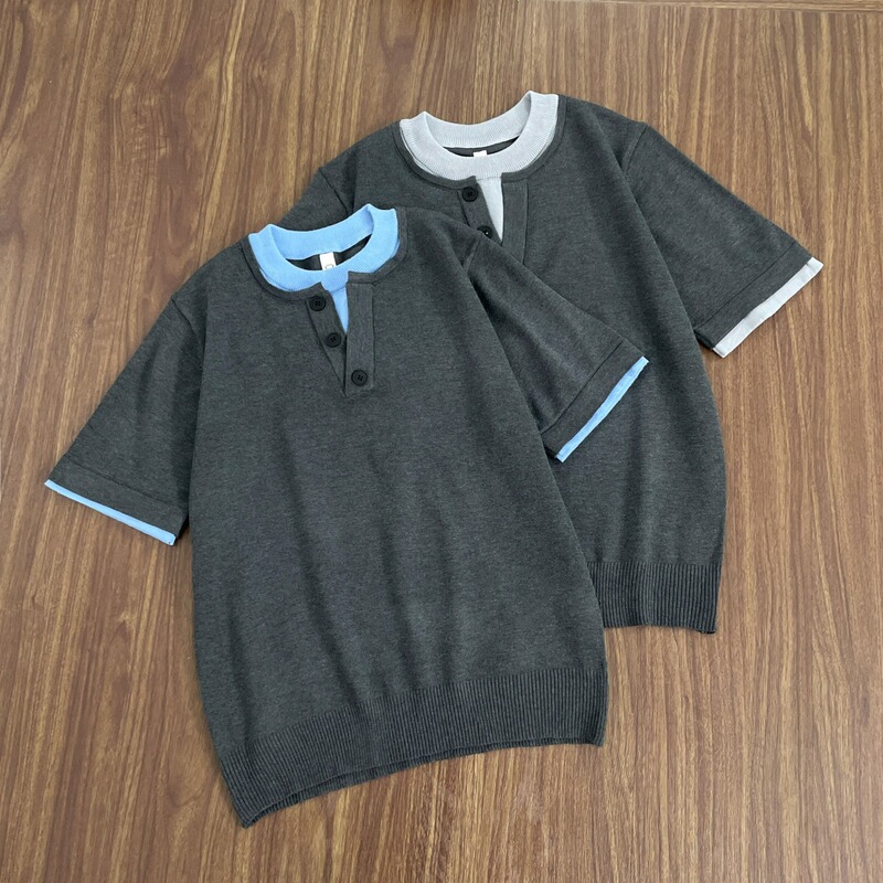 Korean-Style Light Luxury Henry Collar Faux Two-Piece Knit Shirt for Men and Women, Breathable Summer Old Money Style Short Wide Boxy Short-Sleeve T-Shirt Korean-Style Light Luxury Henry Collar Faux Two-Piece Knit Shirt for Men and Women, Breathable Summer Old Money Style Short Wide Boxy Short-Sleeve T-Shirt